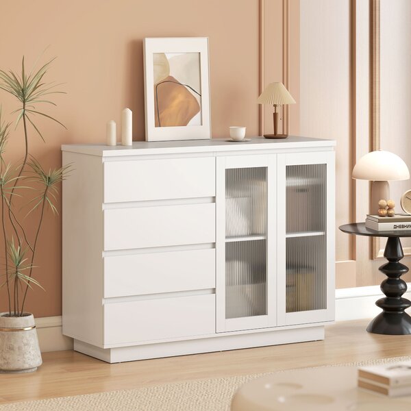 HOMCOM Credenza Buffet in Legno con 4 Cassetti e Armadietto, Ante in Vetro e Ripiani Regolabili, 120x40x91cm, Bianco | Aosom Italy