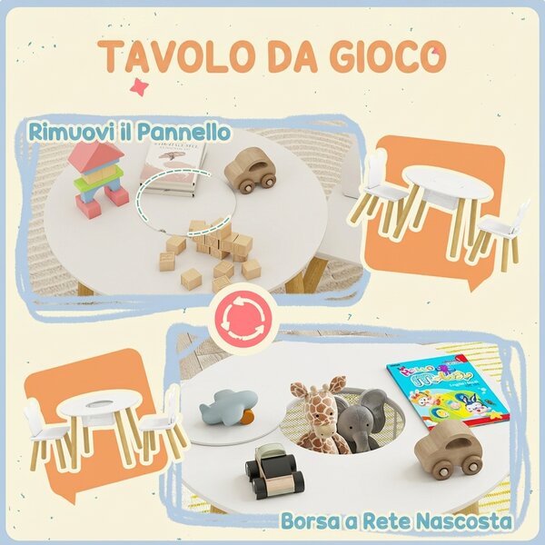 AIYAPLAY Set con Tavolo e 2 Sedie per Bambini con Schienale a Orsetto, Tavolino con Vano Contenitore, Bianco | Aosom Italy