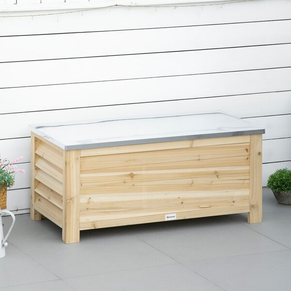 Outsunny Baule da Esterno da 155L in Legno con Coperchio in Metallo e 2 Ammortizzatori, 110x50x50 cm, color Legno | Aosom Italy
