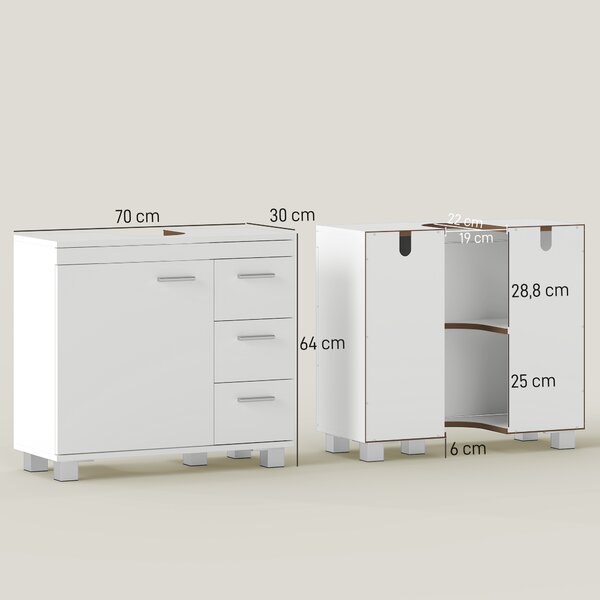 HOMCOM Mobile Moderno Sottolavabo Bagno con Armadietto, Ripiani e Cassetti, 70x30x64cm, Bianco | Aosom Italy