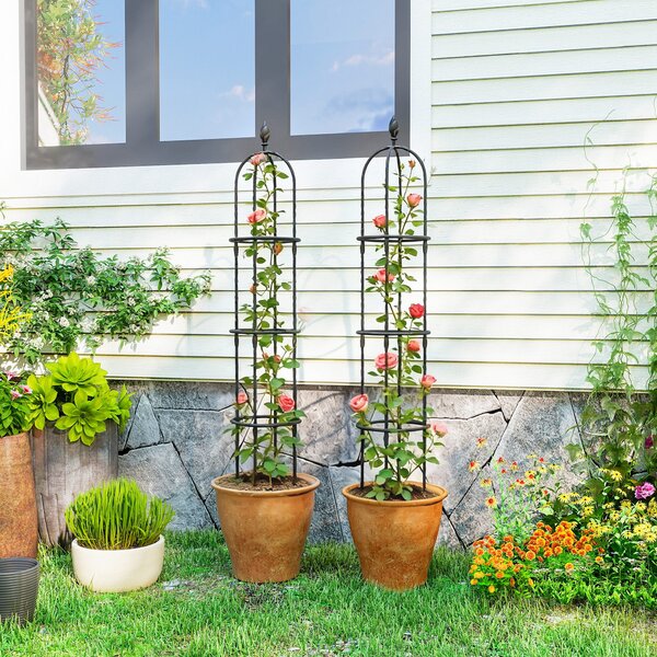 Outsunny Set 2 Supporti per Piante Rampicanti Alti 1.7 m in Acciaio Antiruggine con Decorazioni, Nero | Aosom Italy