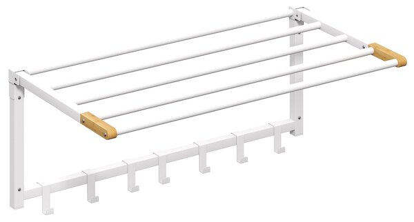 HOMCOM Portasciugamani a Parete Pieghevole con 5 Barre e 6 Ganci in Legno e Acciaio, 60x32.5x20 cm, Bianco | Aosom Italy