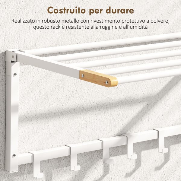 HOMCOM Portasciugamani a Parete Pieghevole con 5 Barre e 6 Ganci in Legno e Acciaio, 60x32.5x20 cm, Bianco | Aosom Italy