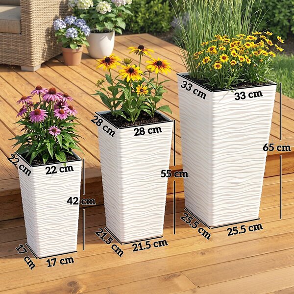 Outsunny Set 3 Vasi da Esterno Impilabili con Motivo Ondulato in Plastica, 42/55/65 cm, Bianco | Aosom Italy