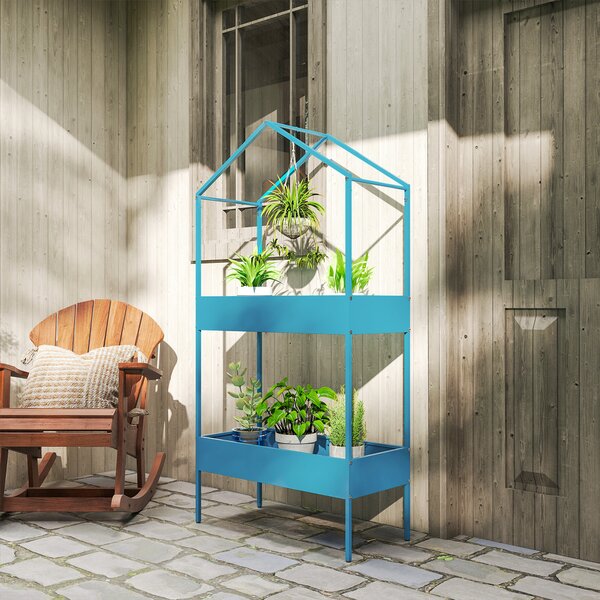 Outsunny Portavasi a 2 Livelli in Metallo a Forma di Casetta con Gancio, 75x35x150 cm, Blu Verde | Aosom Italy