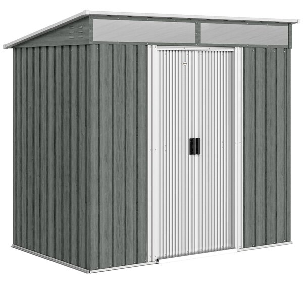 Outsunny Casetta da Giardino 2m² in Acciaio Zincato con Kit Fondazione, Prese d'Aria, Capanno da Giardino con Finestre Trasparente, Tetto Inclinato, Porta Scorrevole Bloccabile, 2 Ganci, Grigio Chiaro | Aosom Italy