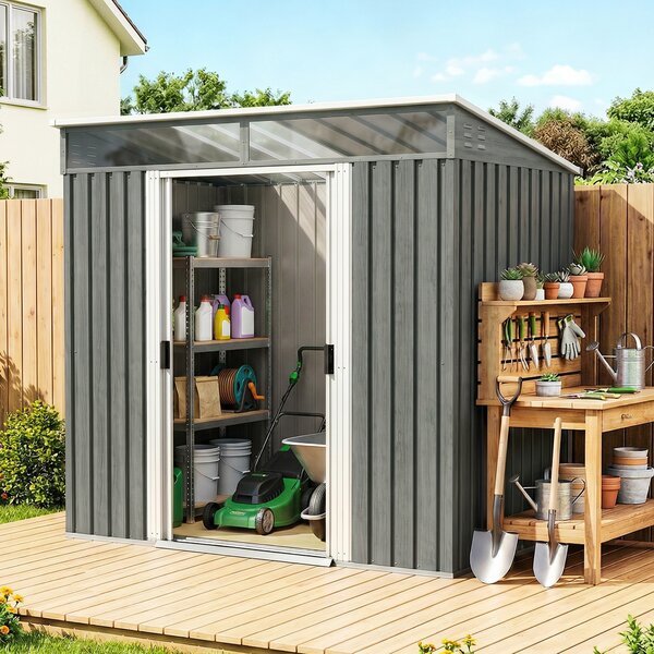Outsunny Casetta da Giardino 2m² in Acciaio Zincato con Kit Fondazione, Prese d'Aria, Capanno da Giardino con Finestre Trasparente, Tetto Inclinato, Porta Scorrevole Bloccabile, 2 Ganci, Grigio Chiaro | Aosom Italy