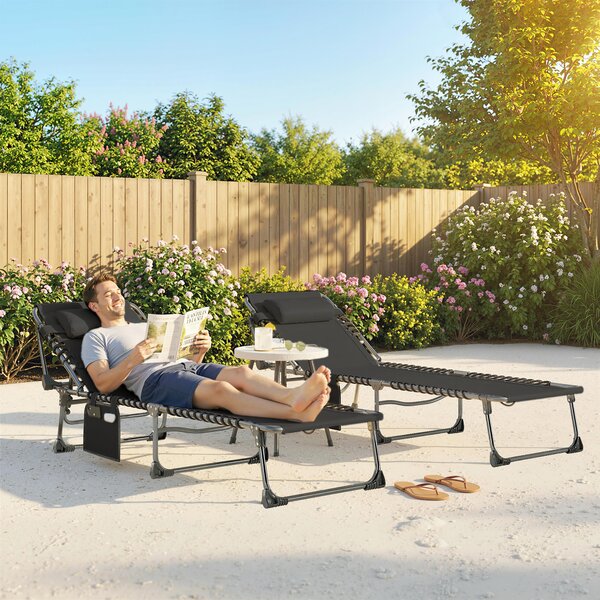 Outsunny Set 2 Lettini Prendisole da Giardino Pieghevoli e Reclinabili su 5 Livelli con Cuscini, 57x200x38 cm, Nero | Aosom Italy