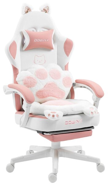 Sedia da gaming ergonomica, con poggiapiedi, rivestita in tessuto, regolabile, design a forma di zampe di gatto, colore rosa e bianco