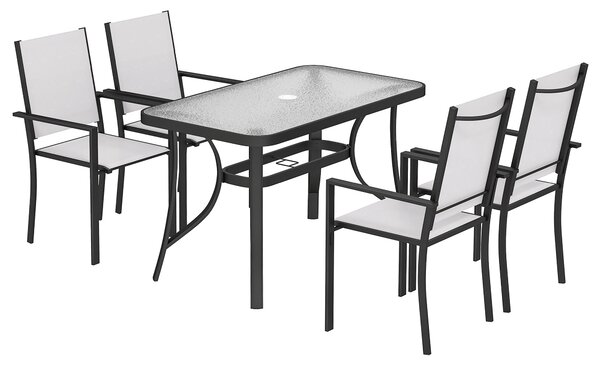 Outsunny Set da Giardino 5pz con 4 Sedie Impilabili e Tavolo in Vetro Temperato con Foro per Ombrellone, Grigio Chiaro | Aosom Italy