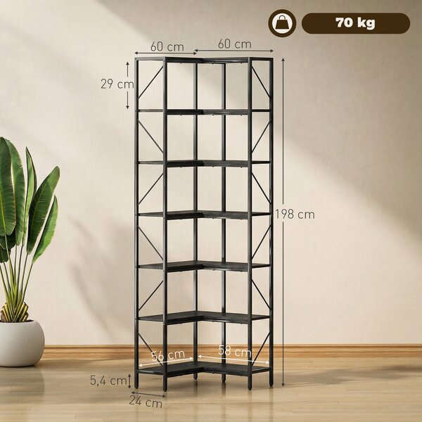 HOMCOM Libreria ad Angolo a 7 Ripiani, Scaffale Industriale, Effetto Legno Nero | Aosom Italy