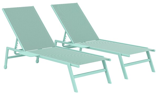 Outsunny Set 2 Lettini Prendisole Regolabili in 5 Posizioni con Tavolino Laterale e 2 Ruote, in Metallo e Poliestere, Verde | Aosom Italy