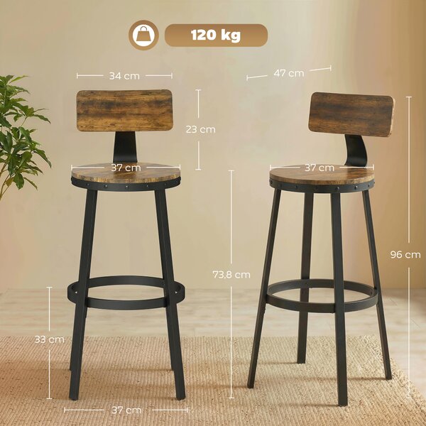 HOMCOM Set 2 Sgabelli da Bar Stile Rustico con Poggiapiedi, in Legno e Metallo, 37x47x96 cm, Marrone | Aosom Italy