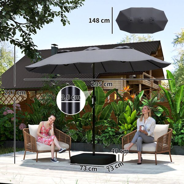 Outsunny Ombrellone Doppio a 12 Stecche con Manovella, Base a Croce e Sacchi, in Metallo e Poliestere, 3x1.5 m, Grigio Scuro | Aosom Italy