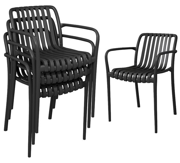 Outsunny Set di 4 Sedie da Patio Impilabili, Sedie da Pranzo per Esterni con Schienale Curvo, Seduta con Listelli e Braccioli, Nero | Aosom Italy