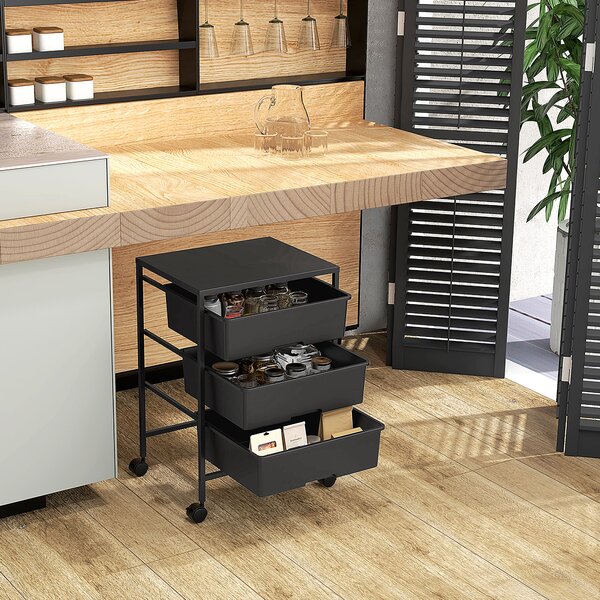 HOMCOM Carrello Multiuso con 3 Cestini Estraibili e Ruote per Cucina e Ufficio in Acciaio e PP, Nero | Aosom Italy