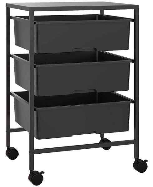 HOMCOM Carrello Multiuso con 3 Cestini Estraibili e Ruote per Cucina e Ufficio in Acciaio e PP, Nero | Aosom Italy