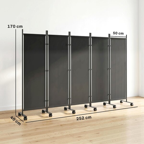 Outsunny Divisorio Decorativo da Interno a 5 Pannelli in Acciaio, con 12 Ruote e Clip di Connessione, Nero | Aosom Italy