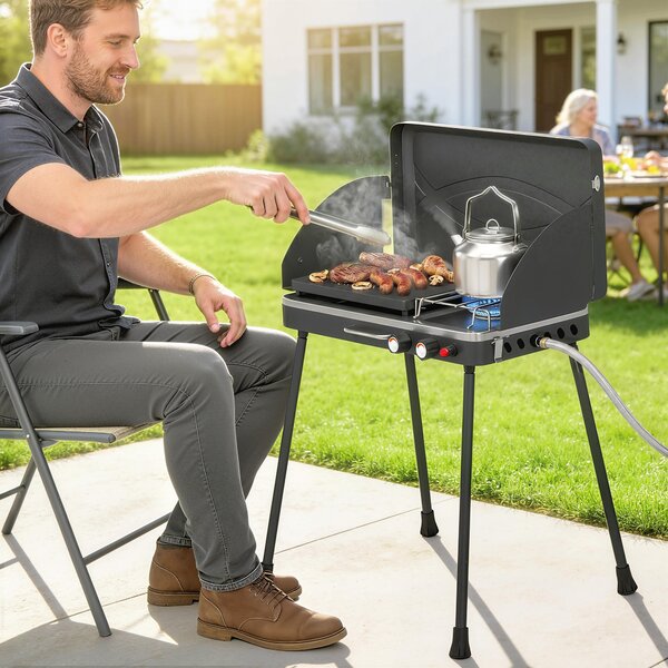 Outsunny 2-in-1 Portatile BBQ a Gas Propano, Griglia e Fornello, 7KW, Nero | Aosom Italy