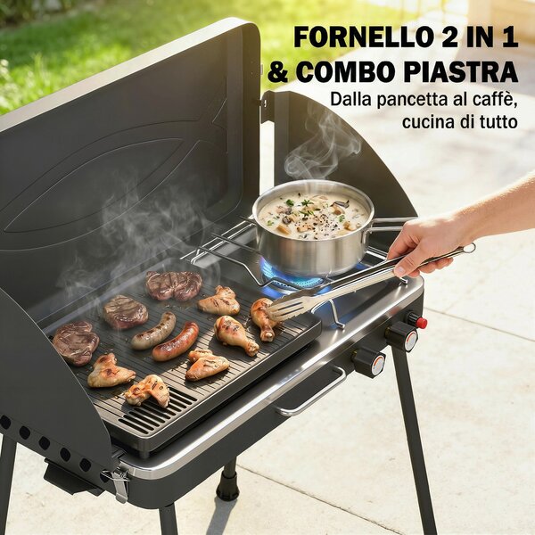 Outsunny 2-in-1 Portatile BBQ a Gas Propano, Griglia e Fornello, 7KW, Nero | Aosom Italy