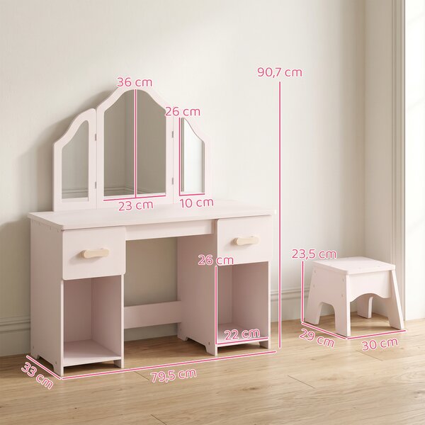 AIYAPLAY Toeletta Bambini con Sgabello, Specchio a Tre Ante, 2 Cassetti e 2 Armadietti, in Legno, 3+ Anni, Rosa | Aosom Italy