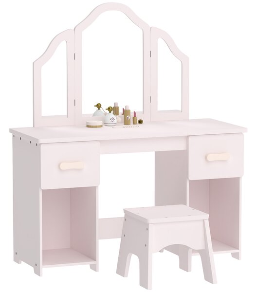 AIYAPLAY Toeletta Bambini con Sgabello, Specchio a Tre Ante, 2 Cassetti e 2 Armadietti, in Legno, 3+ Anni, Rosa | Aosom Italy