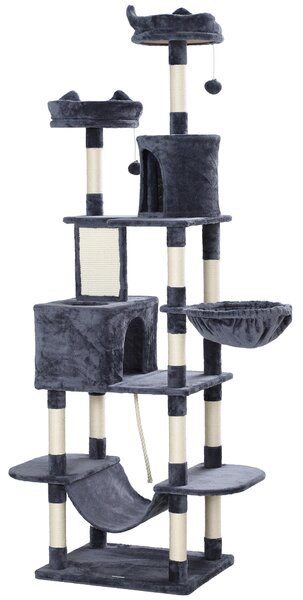 Albero per Gatti 60x50x206A cm con 4 Pali Graffiatoi Cesti Amache per 1-3 Gatti 6 kg in Peluche e Sisal Grigio Scuro