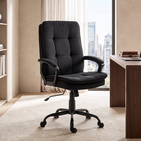 HOMCOM Sedia Ufficio Ergonomica in Tessuto Effetto Lino, Altezza Regolabile, Funzione Dondolo, Capacità 120 kg, Nero | Aosom Italy