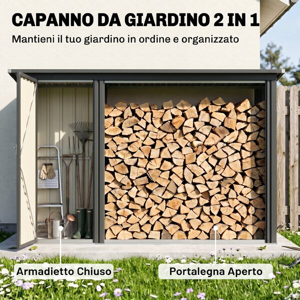 Outsunny Portalegna da esterno 2 in 1 con armadietto porta attrezzi, 235x67x149 cm, grigio scuro | Aosom Italy