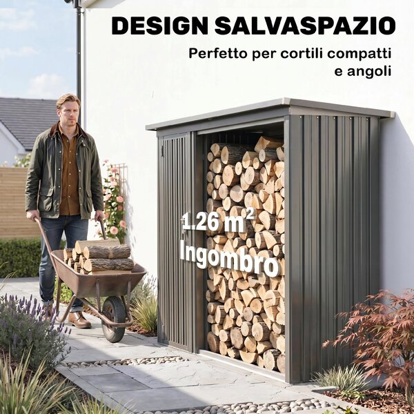 Outsunny Portalegna da esterno 2 in 1 con armadietto porta attrezzi, 235x67x149 cm, grigio scuro | Aosom Italy