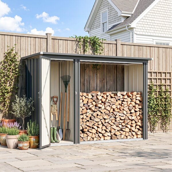 Outsunny Portalegna da esterno 2 in 1 con armadietto porta attrezzi, 235x67x149 cm, grigio scuro | Aosom Italy