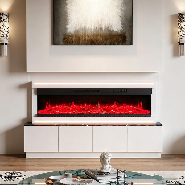 INONEFT Caminetto elettrico da 50" con effetto fuoco 3D LED realistico – Caminetto elettrico da parete con riscaldamento e effetto camino, controllo tramite app, effetto crepitio e timer, colore bianco