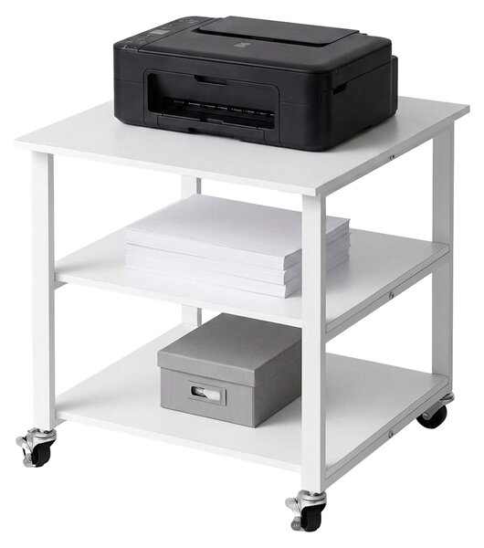 Tavolo per stampante Relaxdays con rotelle, 3 ripiani, dimensioni: 53 x 50 x 50 cm, carrello mobile per stampante, ufficio, supporto per stampante, bianco