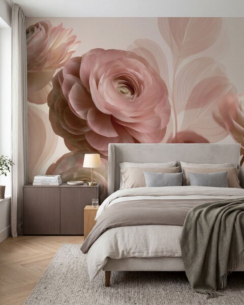 Carta da parati Fiori di ranuncolo voluminosi, di colore rosa cipria, con petali traslucidi nei toni, Carta da parati Buffer, w09998 : Uwalls.it