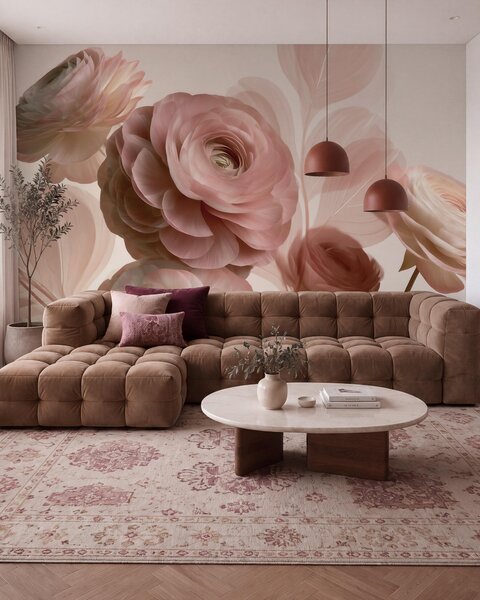 Carta da parati Fiori di ranuncolo voluminosi, di colore rosa cipria, con petali traslucidi nei toni, Carta da parati Buffer, w09998 : Uwalls.it