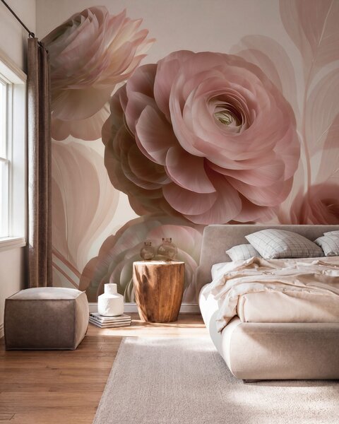 Carta da parati Fiori di ranuncolo voluminosi, di colore rosa cipria, con petali traslucidi nei toni, Carta da parati Buffer, w09998 : Uwalls.it