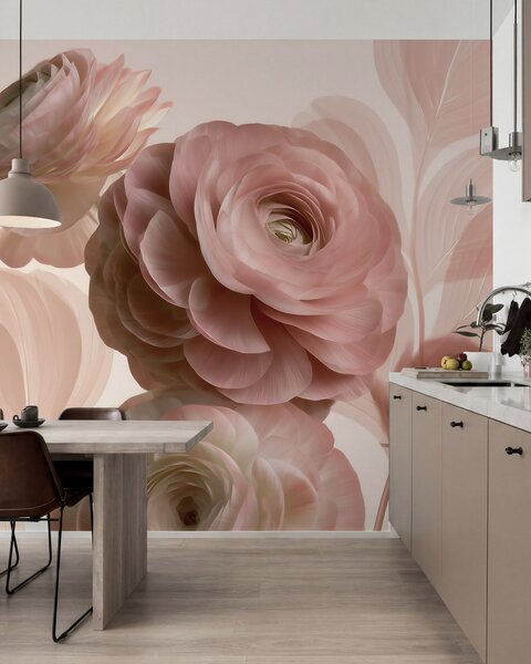 Carta da parati Fiori di ranuncolo voluminosi, di colore rosa cipria, con petali traslucidi nei toni, Carta da parati Buffer, w09998 : Uwalls.it
