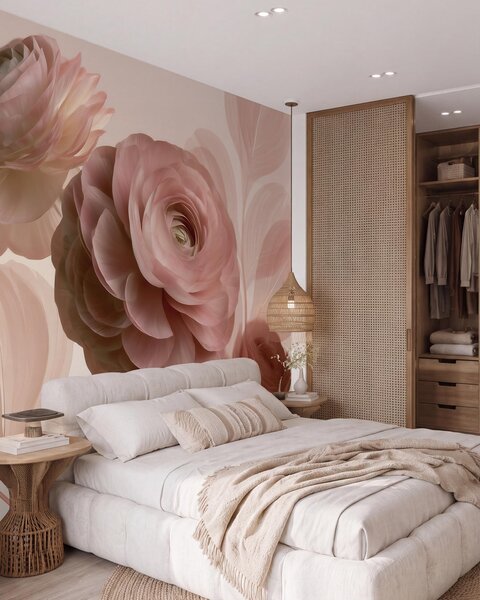 Carta da parati Fiori di ranuncolo voluminosi, di colore rosa cipria, con petali traslucidi nei toni, Carta da parati Buffer, w09998 : Uwalls.it