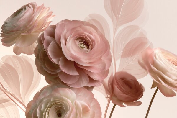 Carta da parati Fiori di ranuncolo voluminosi, di colore rosa cipria, con petali traslucidi nei toni, Carta da parati Buffer, w09998 : Uwalls.it
