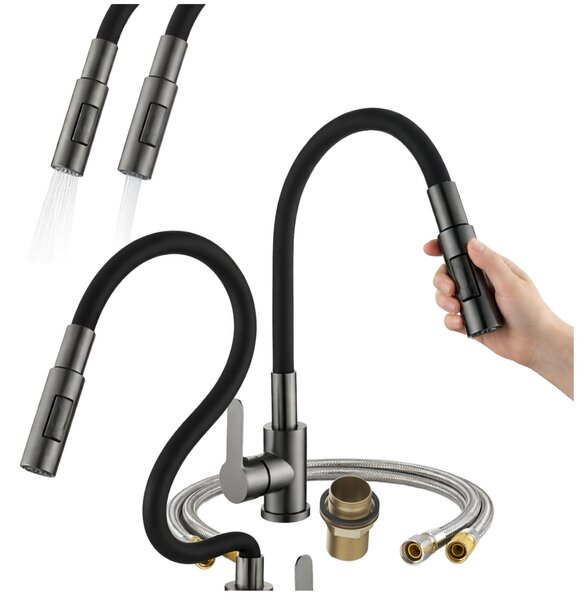 Granitan - Miscelatore cucina - Rubinetto cucina altezza 68 cm - Miscelatore lavello nero - RENO