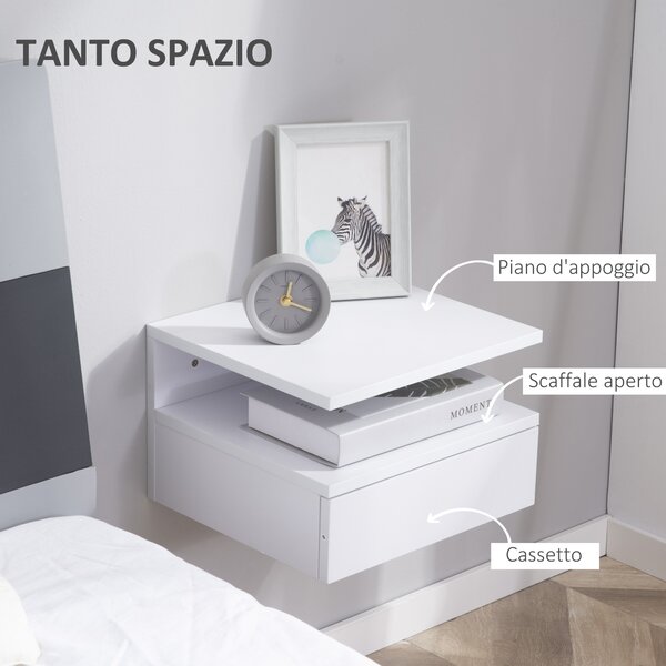 HOMCOM Set da 2 Comodini Moderni Sospesi per Camera da Letto con Cassetto e Mensola Superiore in Legno 35x32x22.5cm, Bianco|Aosom