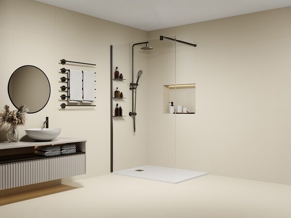 Parete doccia walk-in con scaffali 120 x 200 cm Nero opaco Vetro 6 mm - DAREN