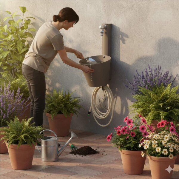 Fontana da Parete Giardino con Due Rubinetti e Secchio Removibile Dimensioni 23x26,6xh 49cm - peso 2,8kg con tubo rubinetto, Garantita contro la ruggine Colore Tortora