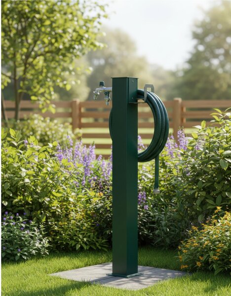 Fontana da Giardino In Alluminio Base rettangolare Doppio Rubinetto Dimensioni 15x11x h 89 cm - peso 4,4 kg con tubo rubinetto, Colore Verde