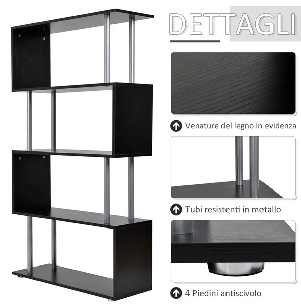 HomCom Libreria di Design Moderno con 4 Ripiani a Parete in Legno Mobili Ufficio Scaffale Nero