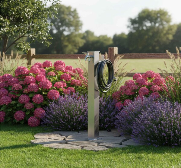 Fontana da Giardino In Alluminio Base rettangolare Doppio Rubinetto Dimensioni 15x11x h 89 cm - peso 4,4 kg con tubo rubinetto, Colore Alluminio