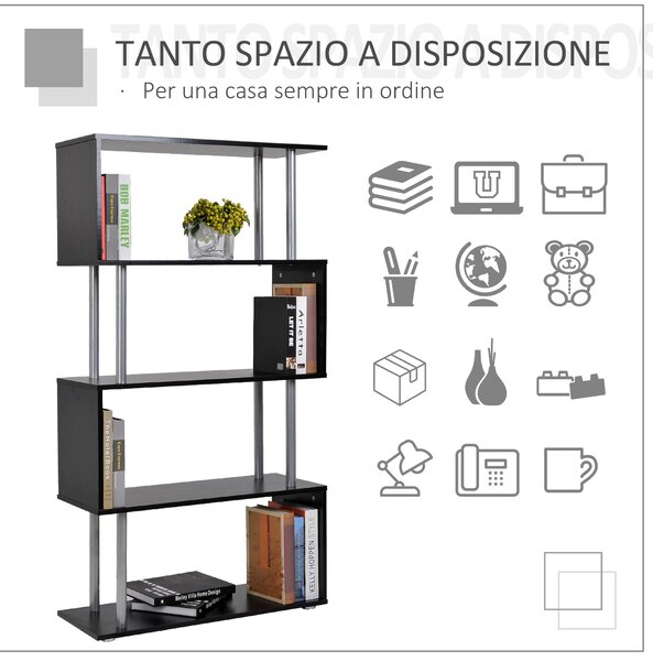 HomCom Libreria di Design Moderno con 4 Ripiani a Parete in Legno Mobili Ufficio Scaffale Nero