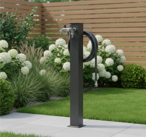 Fontana da Giardino In Alluminio Base rettangolare Doppio Rubinetto Dimensioni 15x11x h 89 cm - peso 4,4 kg con tubo rubinetto, Colore Antracite