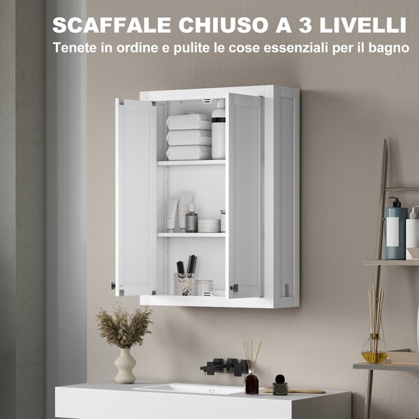 HOMCOM Mobile da Bagno a Parete in Legno con 2 Ripiani Regolabili su 3 Livelli, 61x20x84 cm, Bianco | Aosom Italy