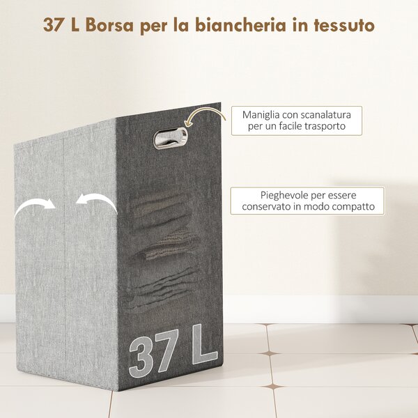 HOMCOM Mobile Bagno a Doghe con Cesto Portabiancheria e Armadietto, in Bambù e Poliestere, 40x30x95 cm, Grigio e Legno | Aosom Italy